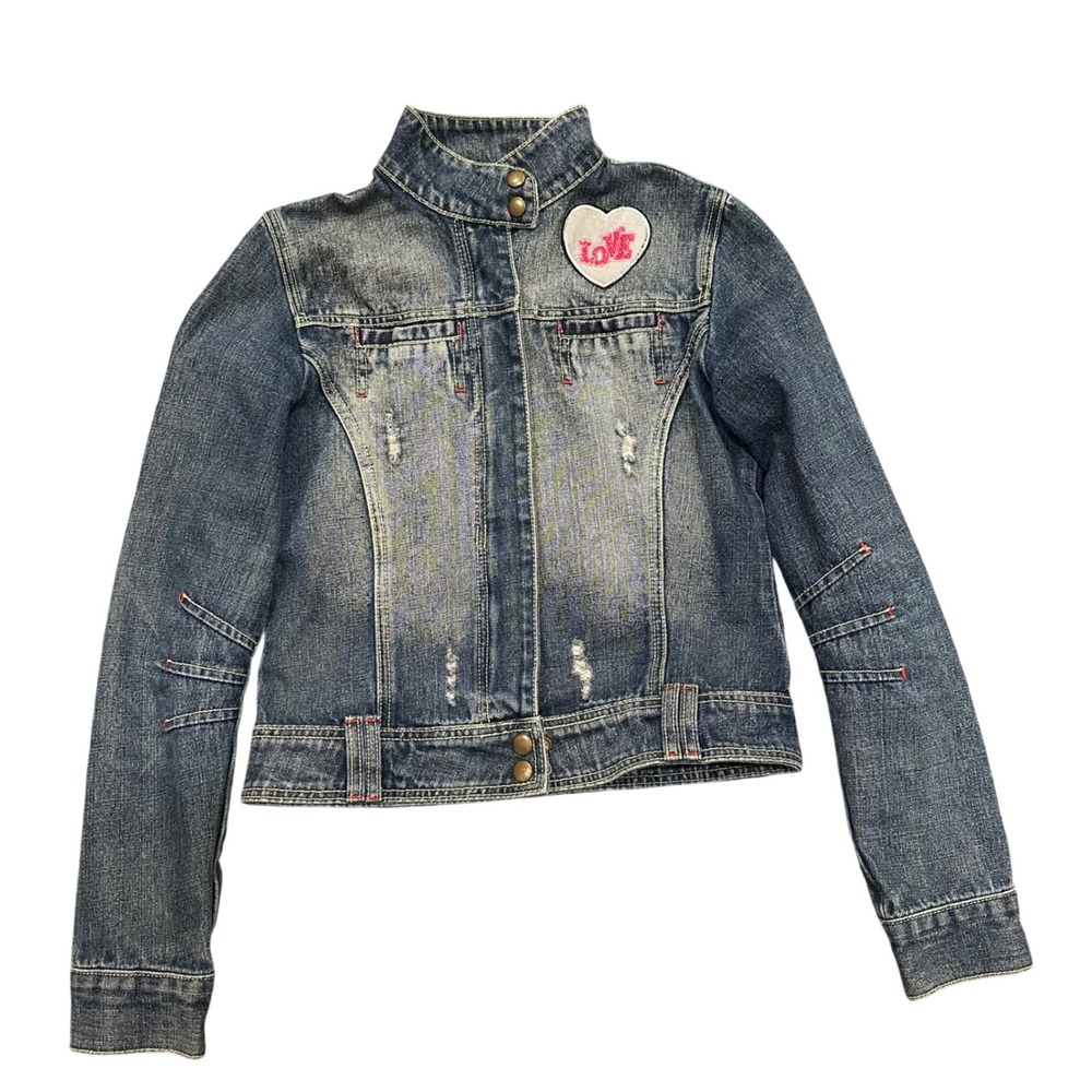 Vogher Jeans Womens Distressed Denim Jacket Y2K Heart Patch Mock Neck Size M